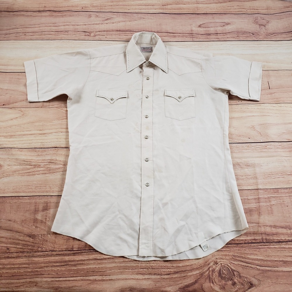 VINTAGE H Bar C Shirt Mens Medium Beige Pearl Snap Western Outdoor Adult *‎